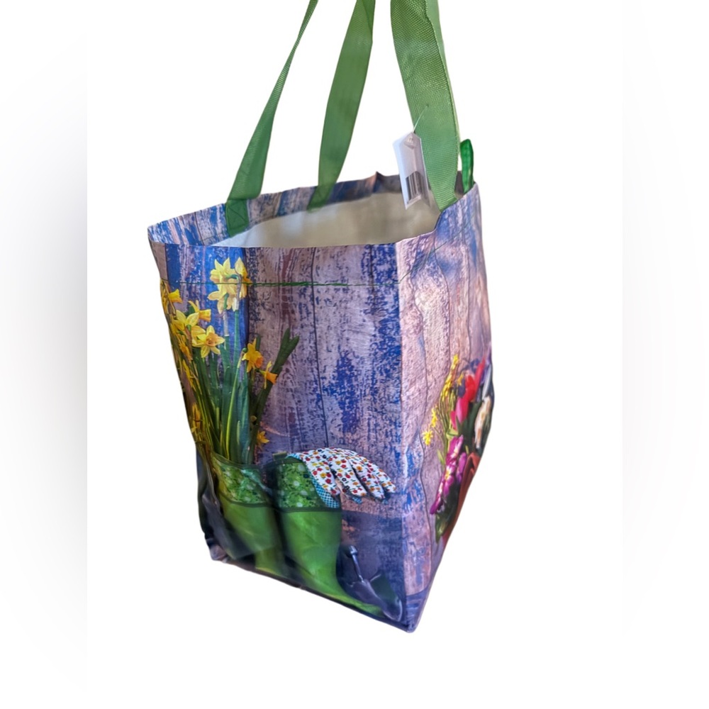 Floral Print Tote Bag with Green Handles reusable Shopping 15”